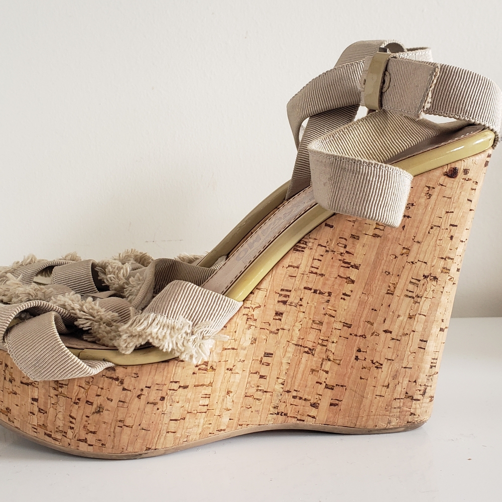 Ferragamo Wedge Heel Sandals - Cream & Cork Fringe Strappy Heel Summer Party - Picture 3 of 4
